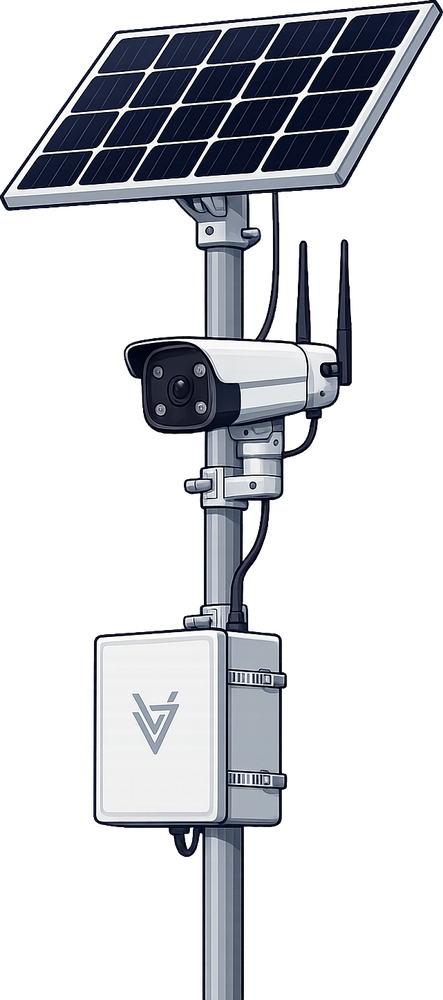 Vueuv solar-powered security camera with solar panel, camera and battery box on a pole